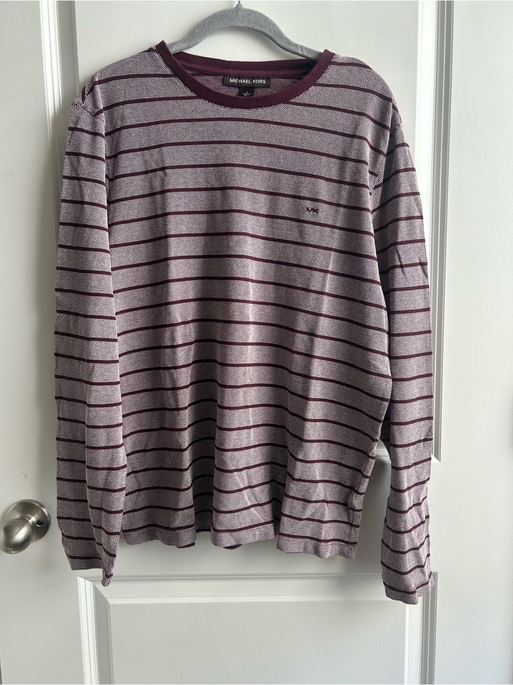 Michael Kors Men's Long-Sleeve Striped Crewneck - Gray & Burgundy